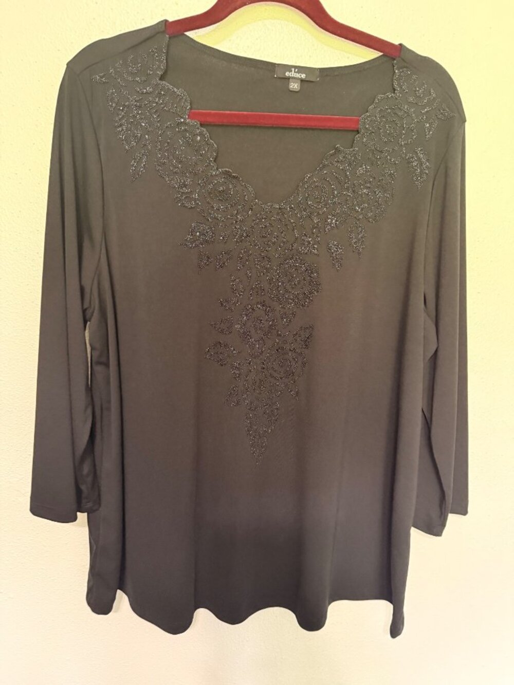 Educe Knit Top Black with Beaded Floral V Neck 3/4 Sleeve Womans 2X
